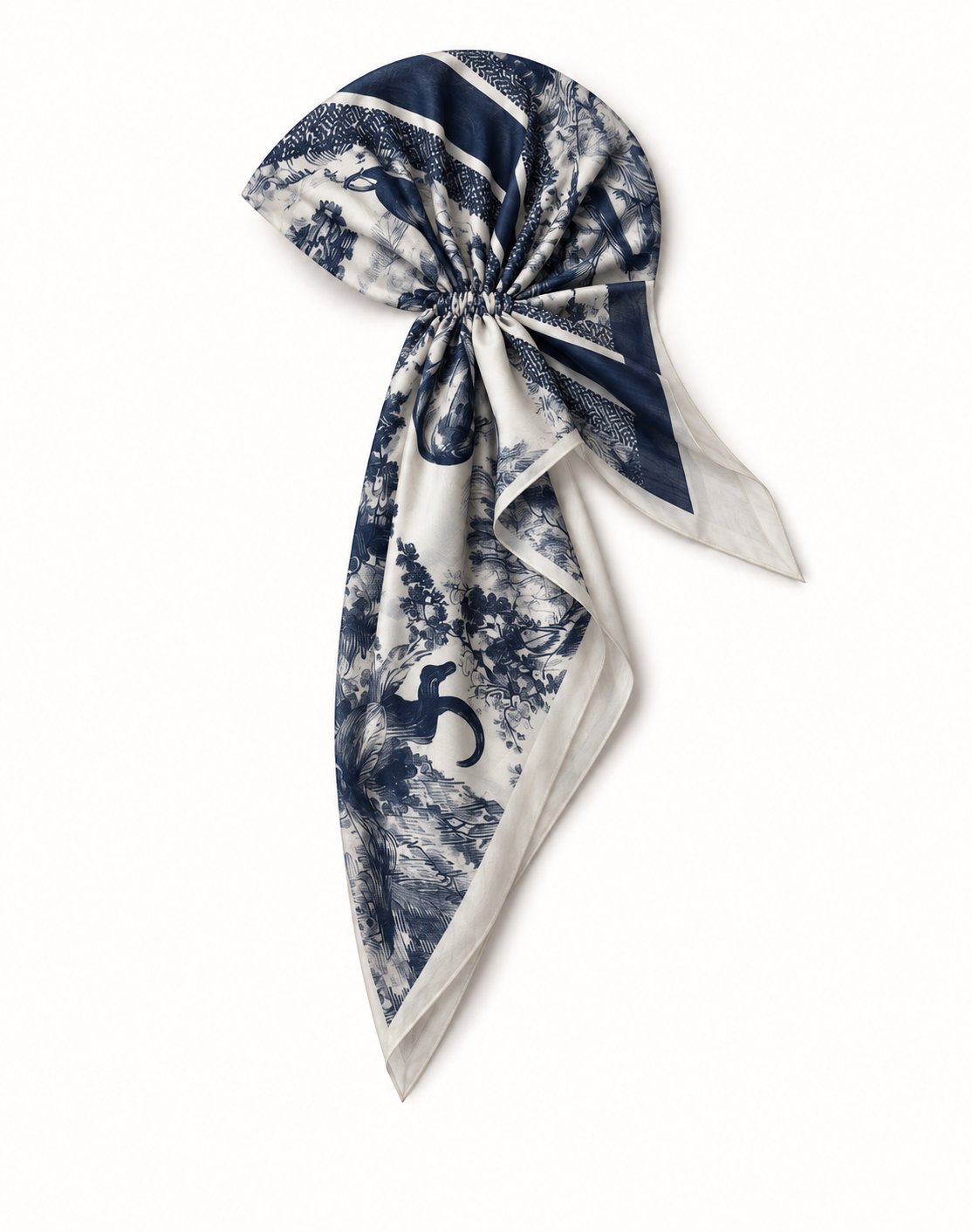 TUK Wild Toile Head Scarf in open-back style features navy blue wildlife and floral toile print, bold stripes and ivory trim.