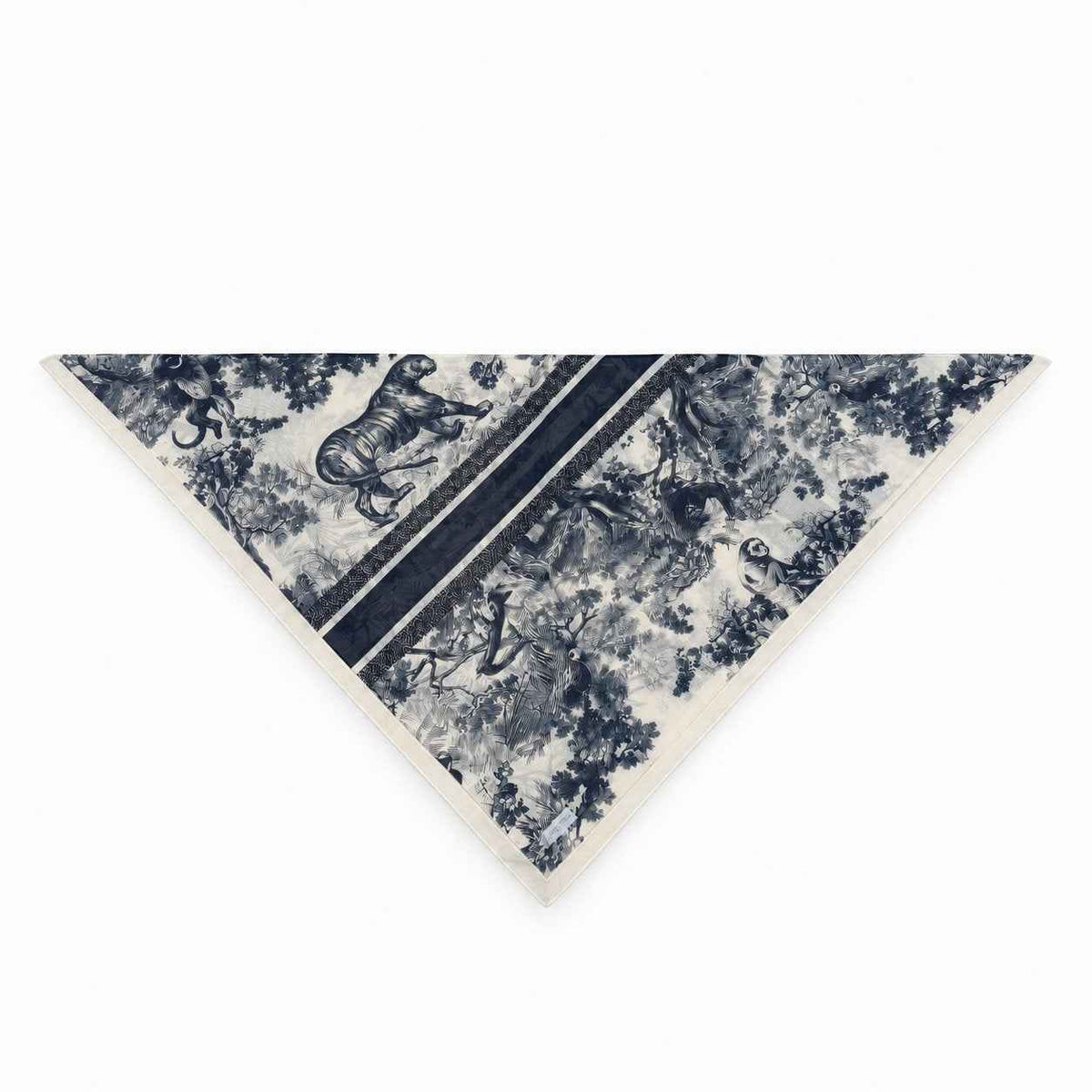TUK Wild Toile Head Scarf features navy wildlife toile with leaping animals, lush foliage, diagonal stripes and ivory trim.