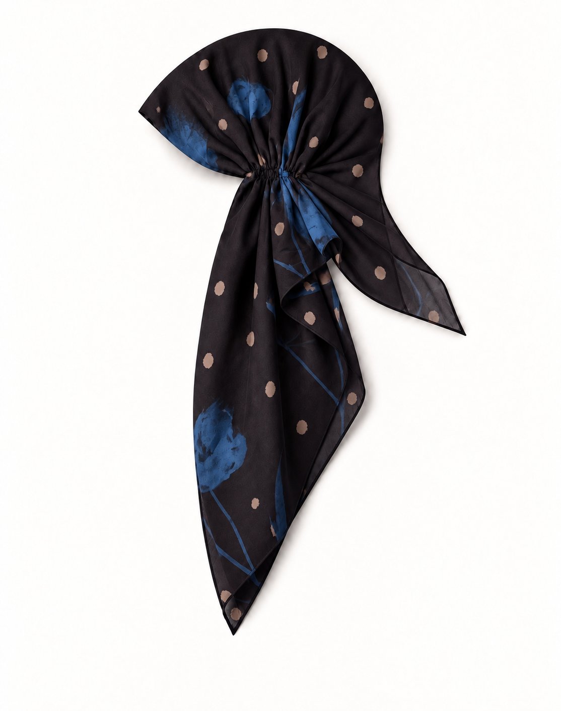 TUK Blue Velvet Head Scarf with bold blue florals and peach polka dots on dark fabric, styled in a chic open-back pre-tied look.