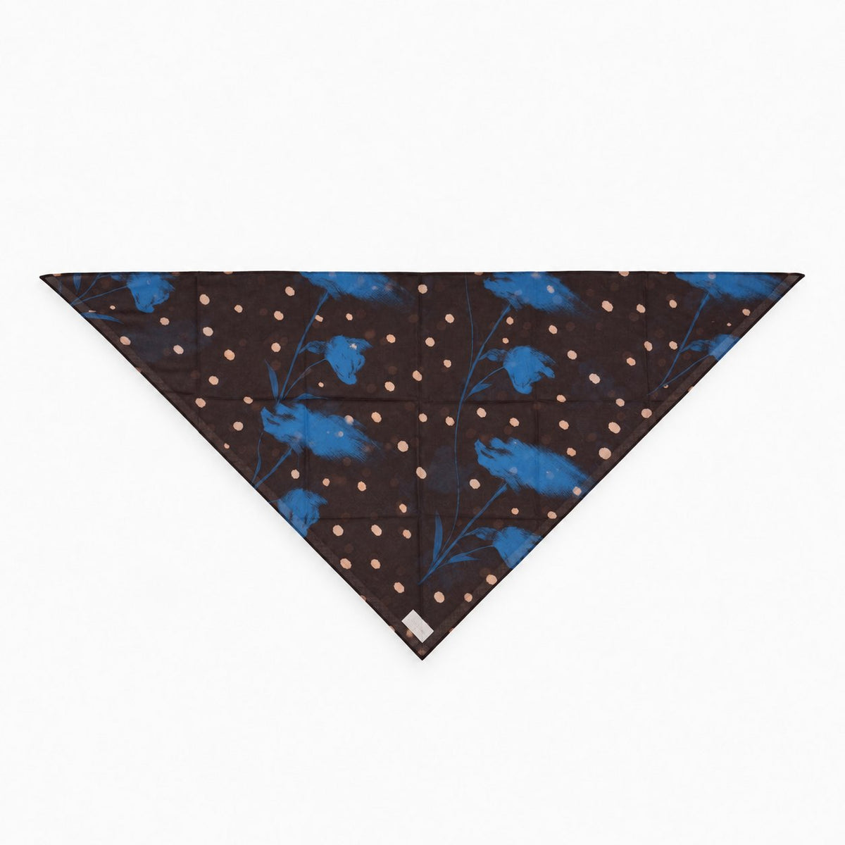 TUK Blue Velvet Head Scarf featuring vibrant blue floral prints and soft peach polka dots on a dark brown triangular scarf design.