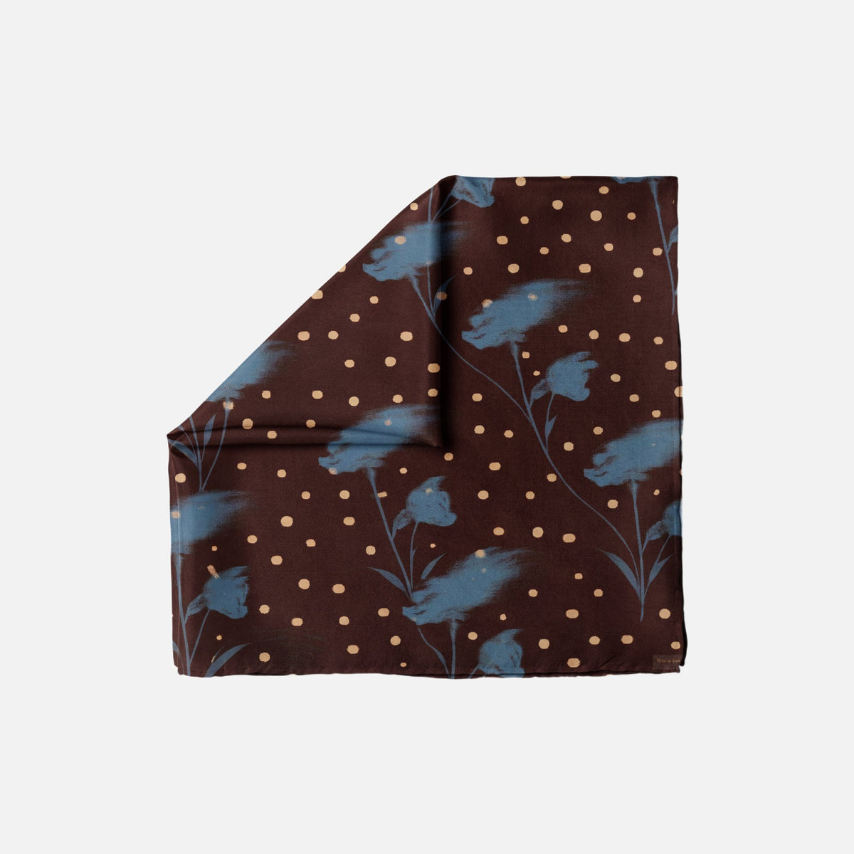 Blue Velvet Head Scarf, neatly folded and laid flat, displaying a dark brown background with light blue floral and beige