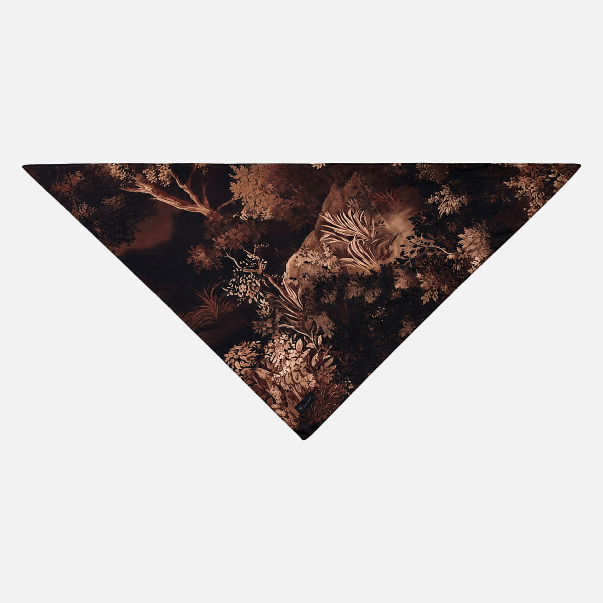 Branch Out Silk Bandana in a rich brown color with a detailed forest and tree pattern, laid flat in a triangular shape.