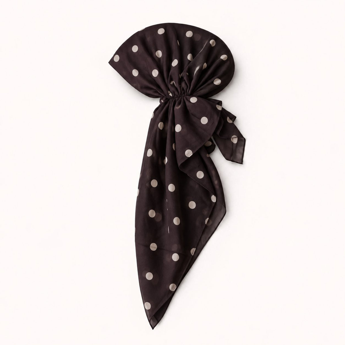 TUK Brown Study Head Scarf in rich chocolate brown with cream polka dots, styled in a pre-tied bow with long flowing tails.
