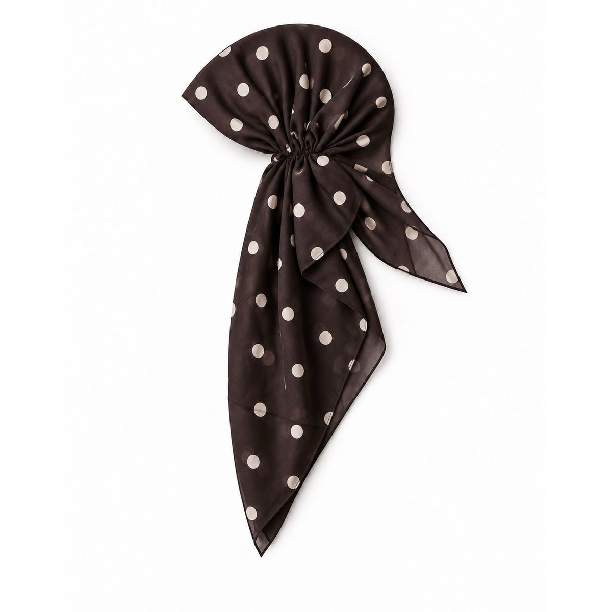 TUK Brown Study Head Scarf features cream polka dots on dark brown fabric, styled in an open-back pre-tied bow with long tails.