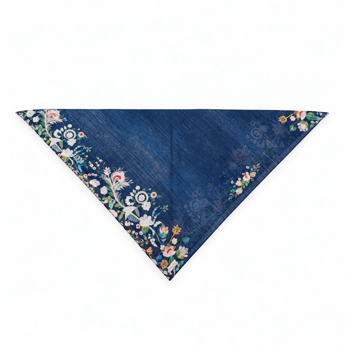 TUK Good Genes Head Scarf in deep navy blue, featuring colorful floral border prints and a chic triangular design for styling.