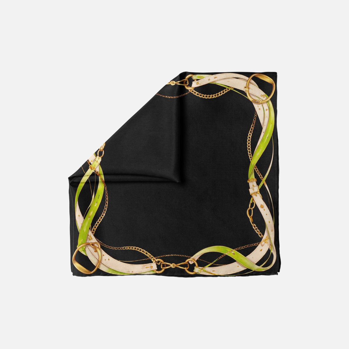 Hold Your Horses Head Scarf in black, folded to show a light green and off-white patterned border with gold chains
