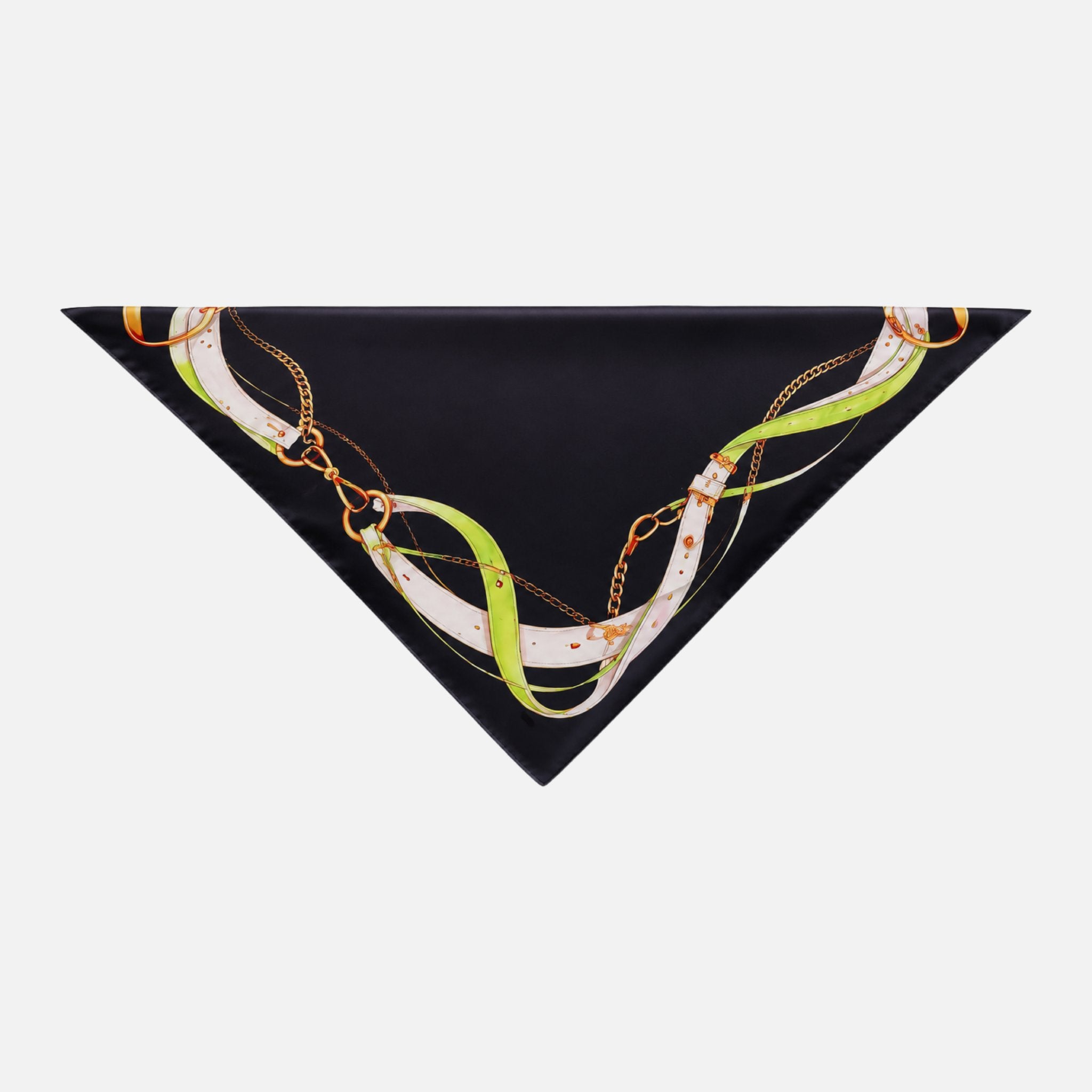 Hold Your Horses Silk Bandana, a black triangular bandana with a pattern of white and neon green intertwined belts and gold