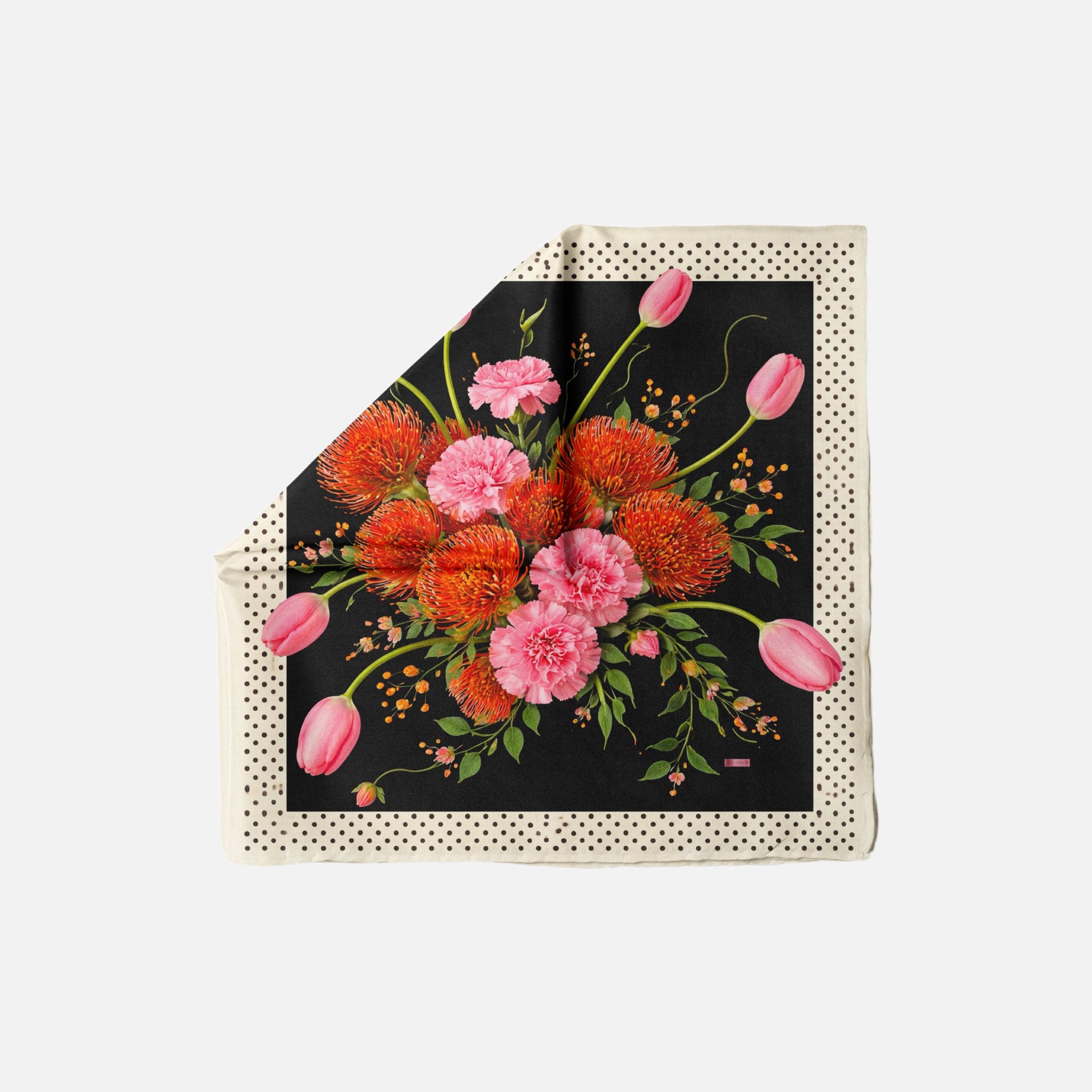 In Full Swing Head Scarf, with a black background and a bouquet of pink and orange flowers in the center.