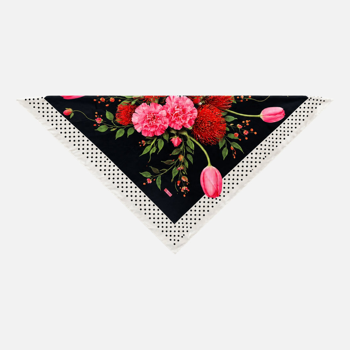 In Full Swing Silk Bandana in a triangular shape, featuring a vibrant floral print against a black background.
