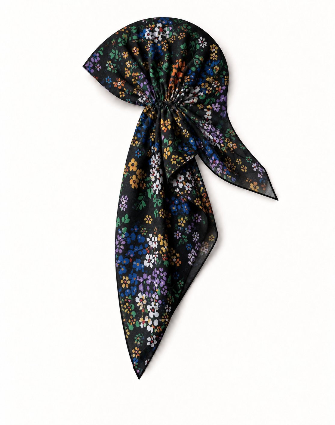 TUK Knot A Wallflower Head Scarf in a pre-tied open-back style, featuring blue, orange, purple and white florals on black.