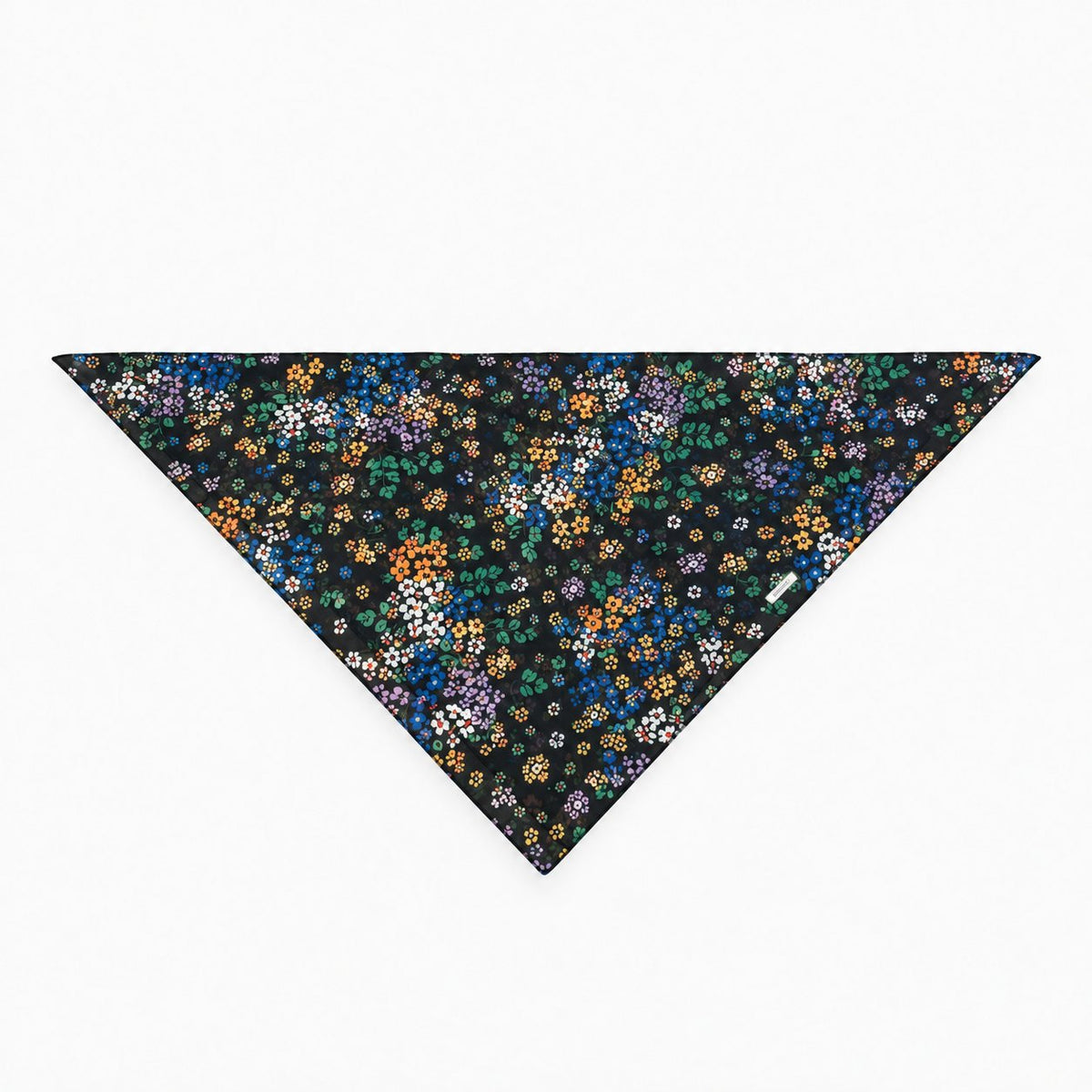 TUK Knot A Wallflower Head Scarf in a triangular shape, featuring colorful blue, orange, purple and white florals on black.