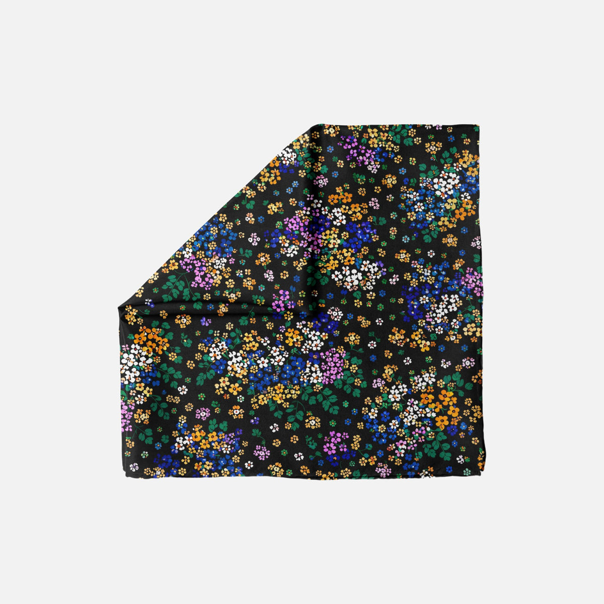 Knot A Wallflower Head Scarf on a plain background, black fabric covered with multicolored tiny flowers.