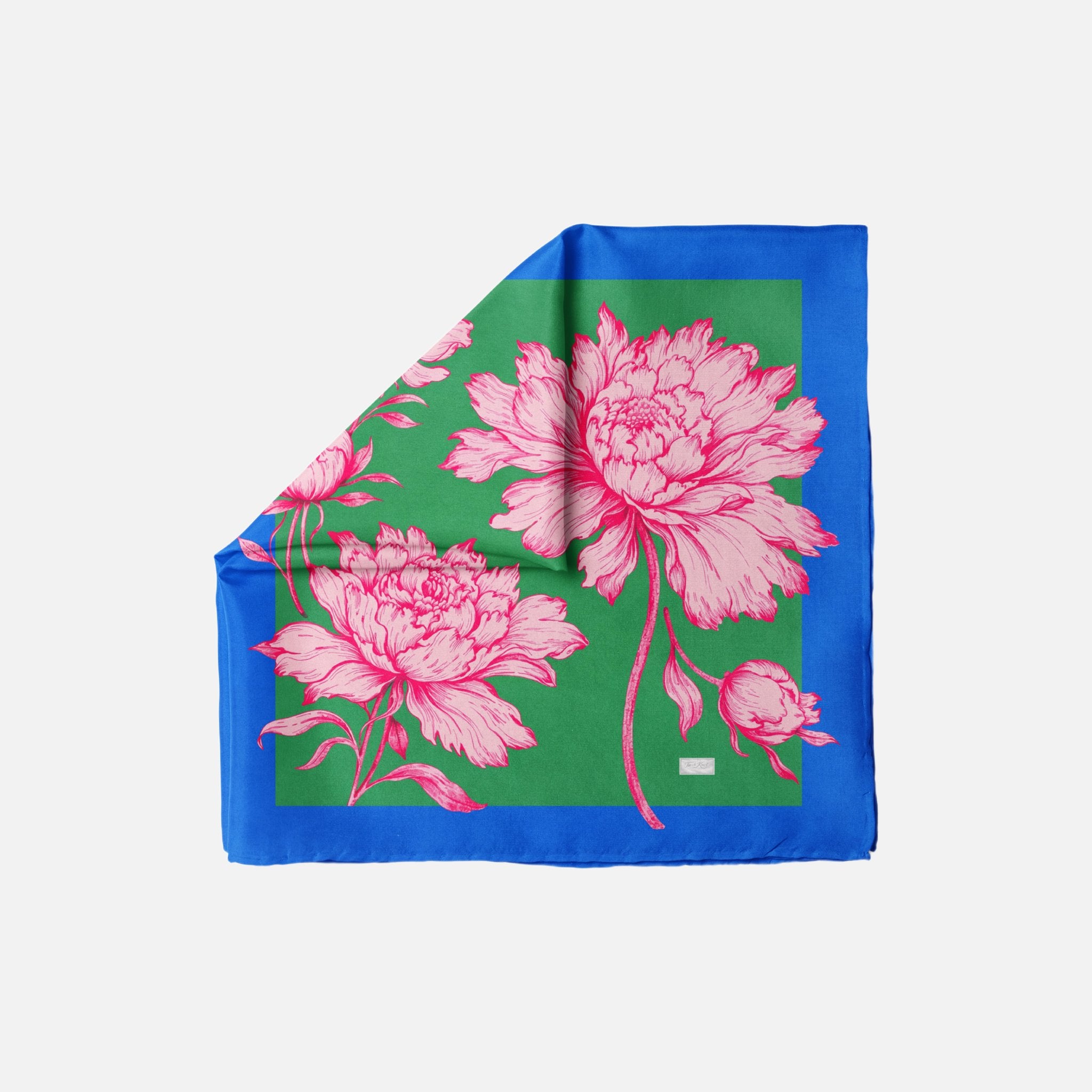 Peony For Your Thoughts Head Scarf, a silk head scarf with a green background and a blue border, featuring an illustration