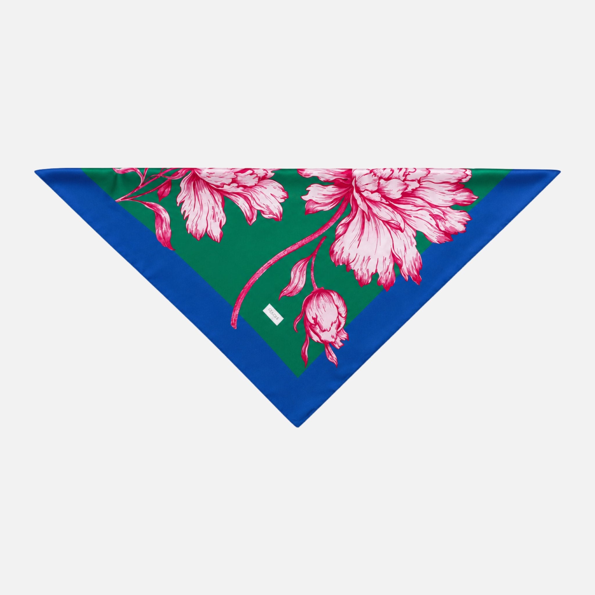 Peony For Your Thoughts Silk Bandana, a triangular bandana with a vibrant pink peony print on a green background and a royal