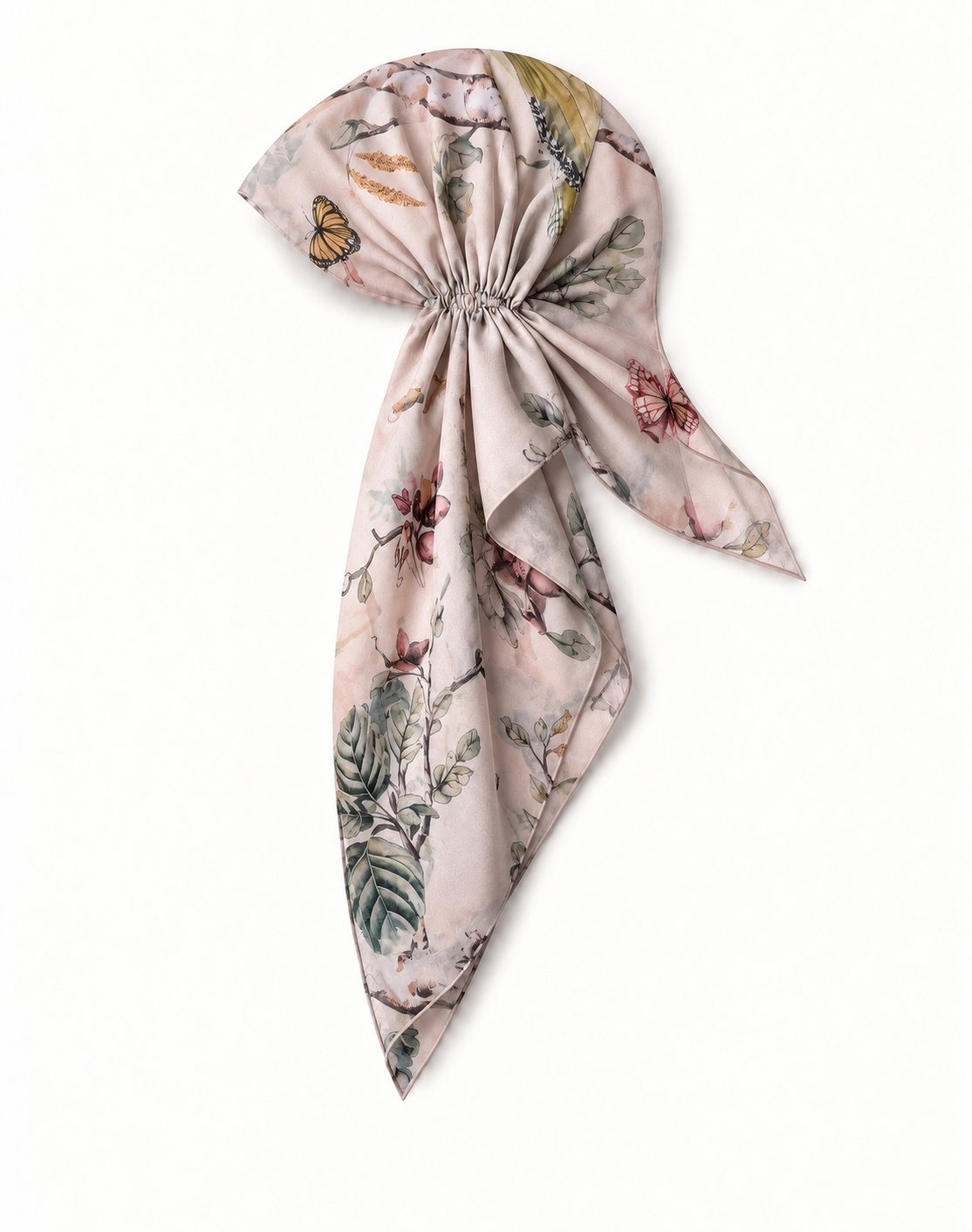 TUK Perch Perfect Head Scarf styled in a pre-tied bow, featuring butterflies, woodland birds, and leafy branches on cream fabric.