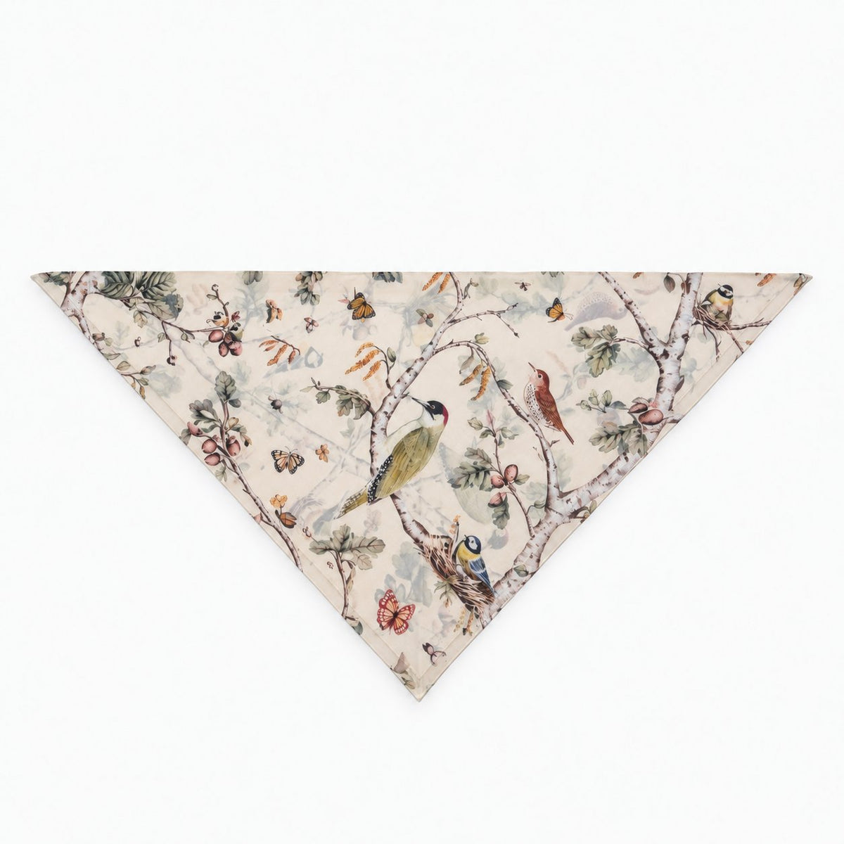 TUK Perch Perfect Head Scarf featuring woodland birds, butterflies, leafy branches, and delicate botanical prints on cream fabric.
