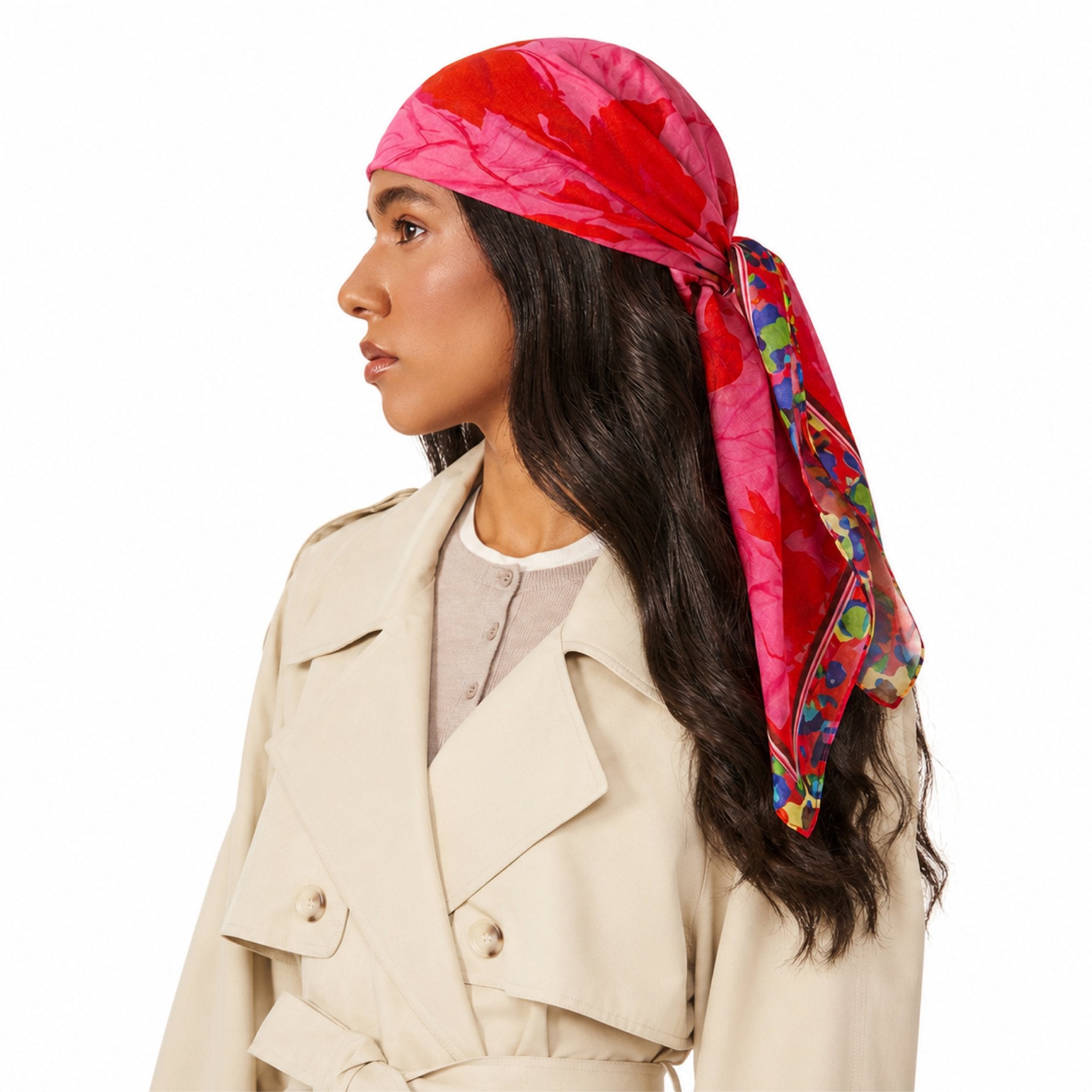 Prima Ballerina Head Scarf, a woman wearing the red and pink floral print scarf tied over her head