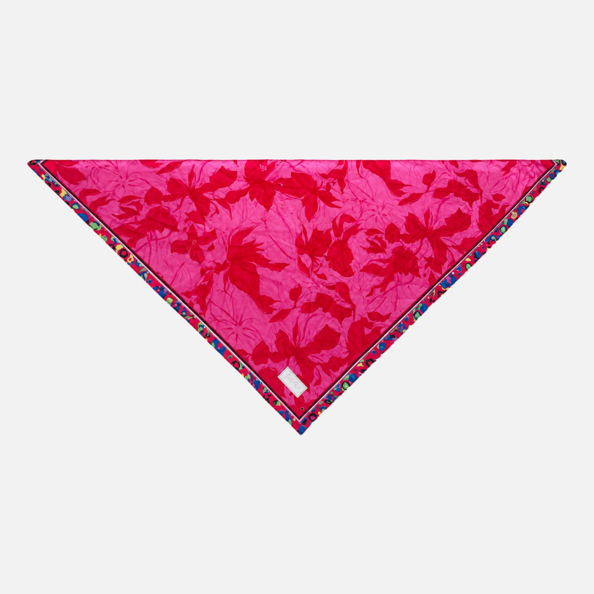 Prima Ballerina Silk Bandana in an all-over dark red and fuchsia pattern. It is laid out in a triangle shape.