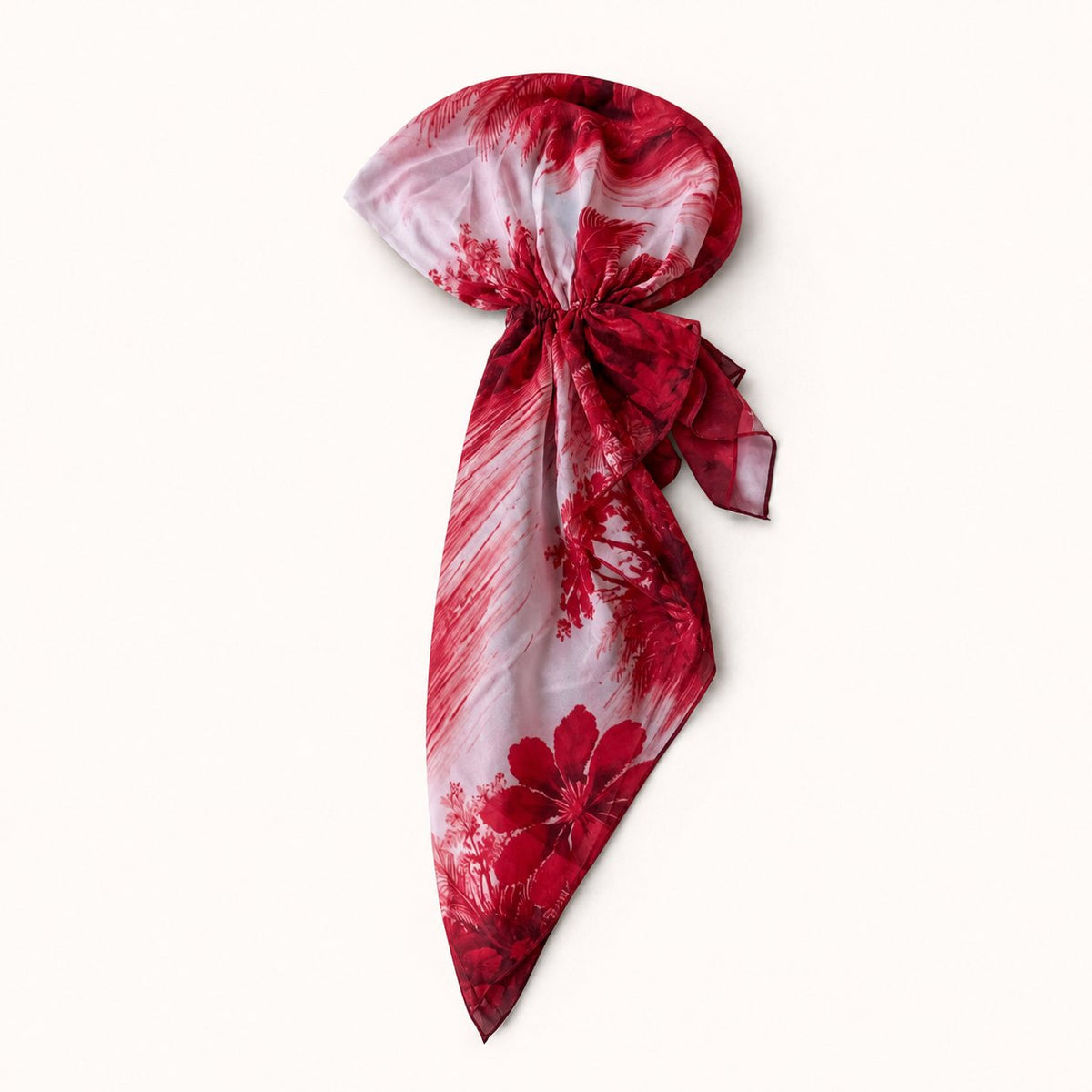TUK Resort To This Head Scarf with red tropical floral and palm print on white, styled in a pre-tied bow with flowing tails.