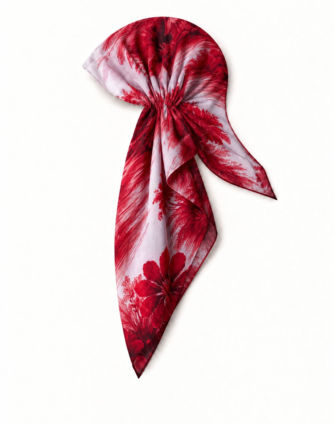 TUK Resort To This Head Scarf features a red tropical floral and palm print on white, with a pre-tied bow and flowing tails.