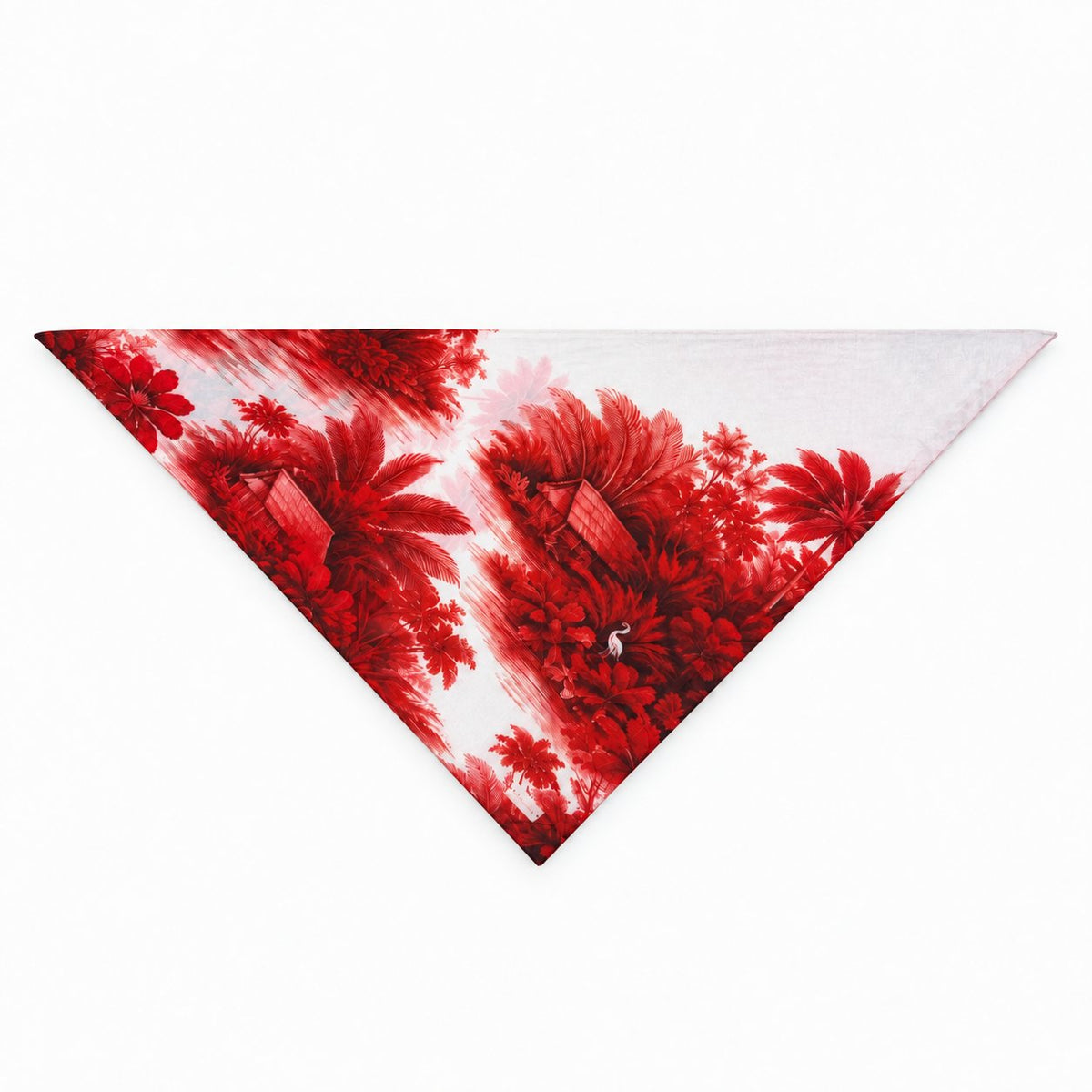 TUK Resort To This Head Scarf featuring a vibrant red tropical palm tree and floral print on white in a chic triangle design.