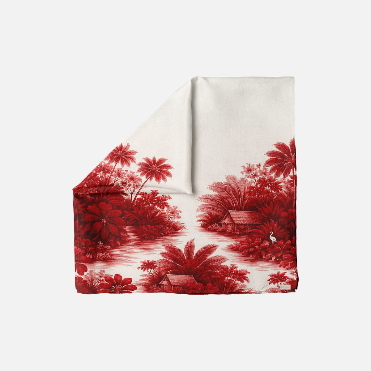 TUK Resort To This Head Scarf in cream with red tropical palm trees, lush foliage, riverside huts, and scenic island print.