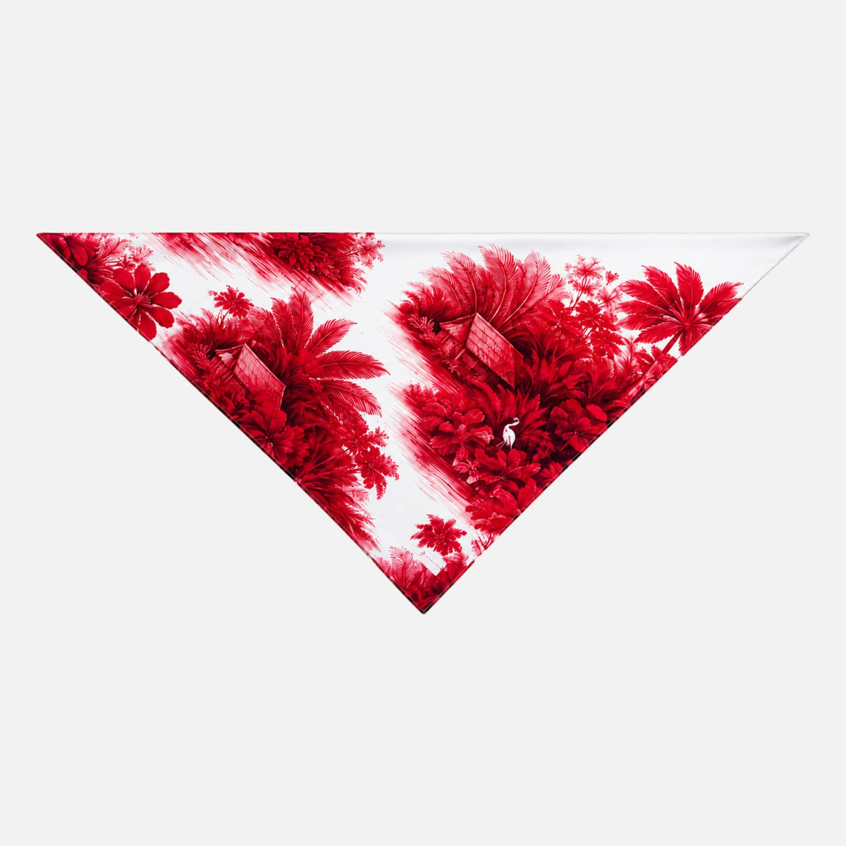 Resort To This Silk Bandana, a triangular bandana with an ornate red and white tropical pattern featuring palm trees, huts