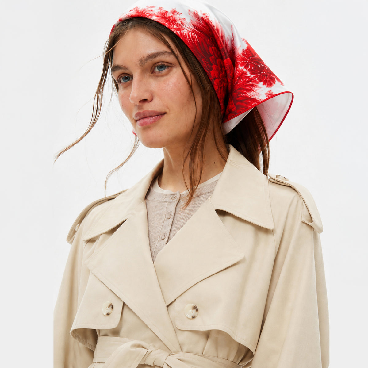 Model Wearing Red Floral Silk Scarf