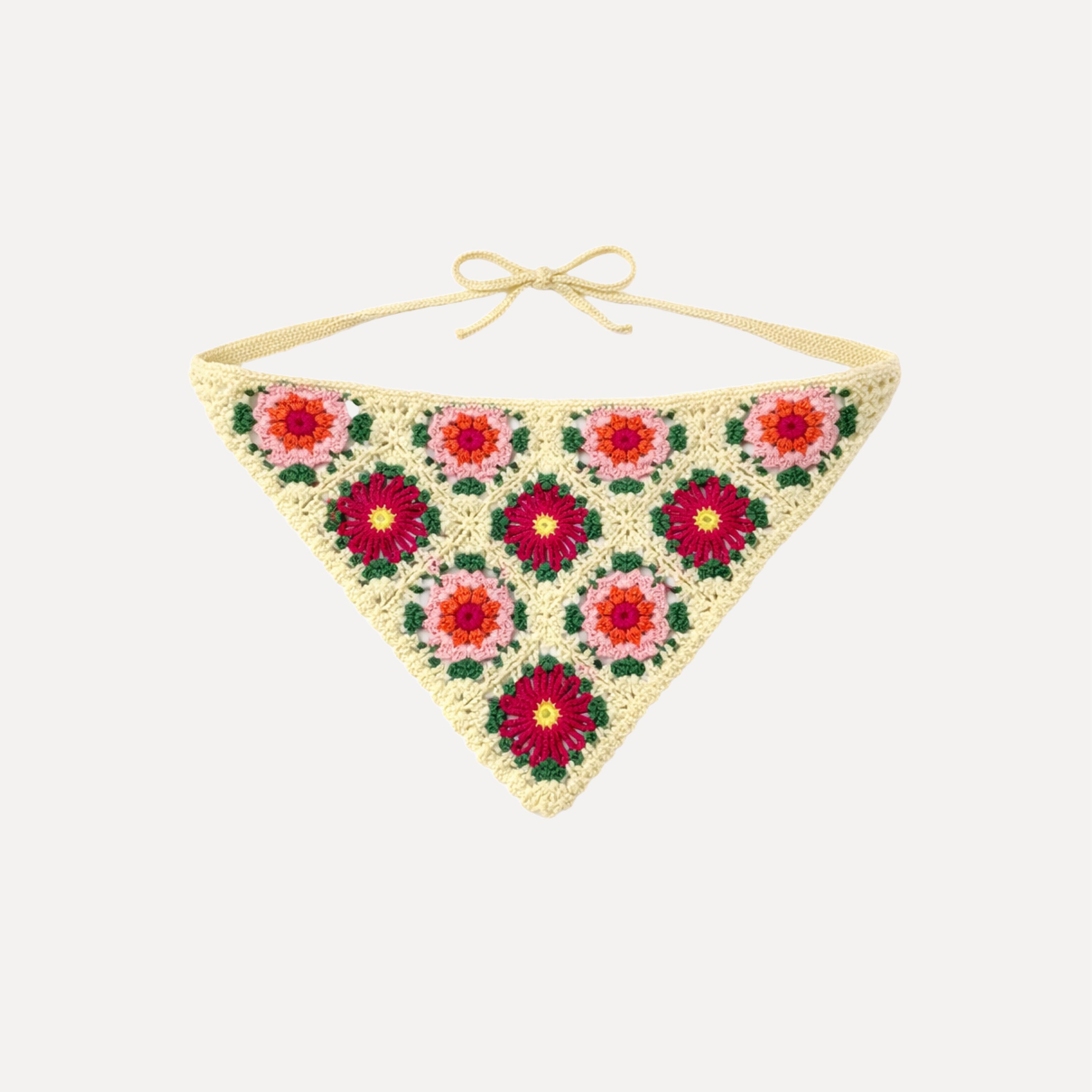 Rosette Crochet Bandana by TUK with floral granny square crochet pattern in a cream boho triangle headscarf design.