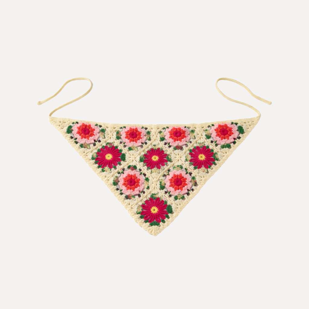 Rosette Crochet Bandana by TUK featuring floral granny square crochet in a cream boho triangle headscarf style.