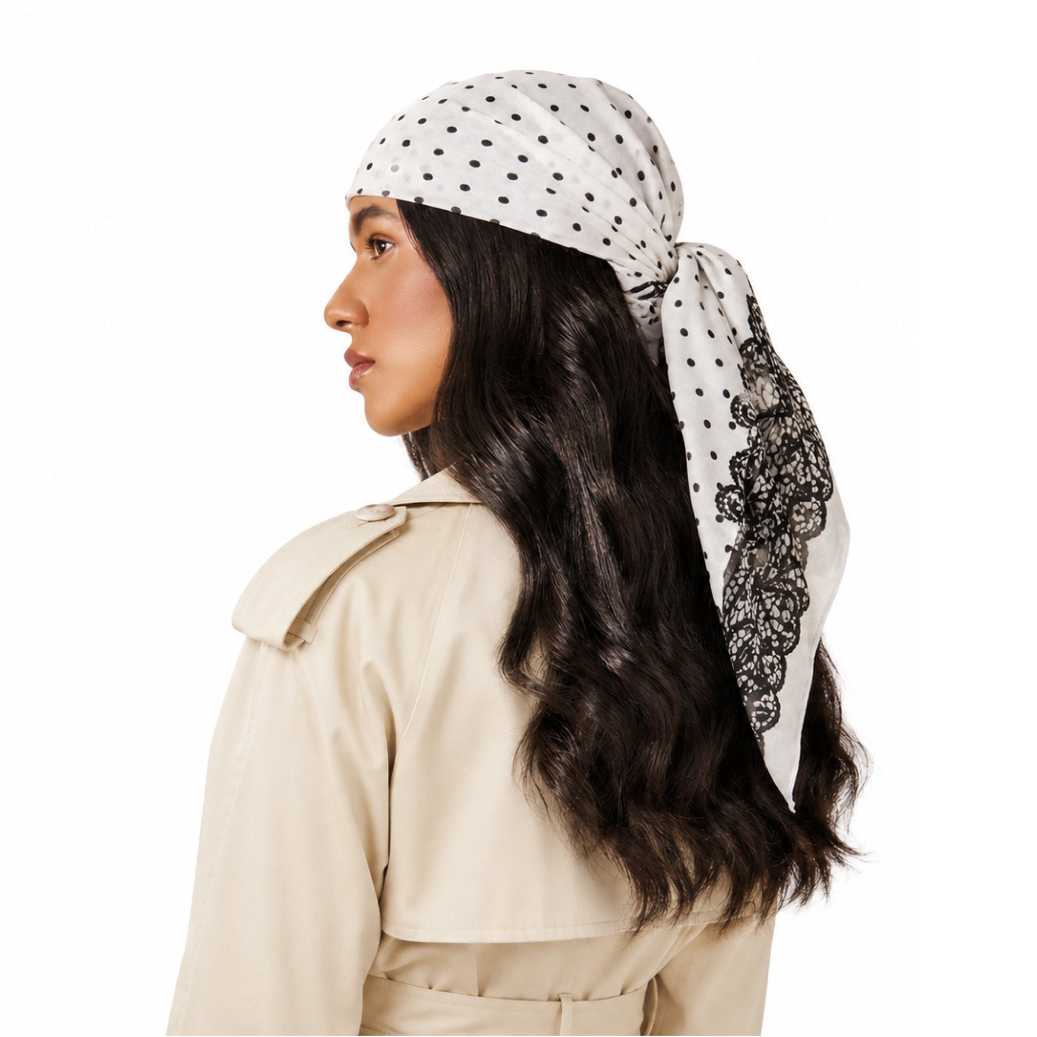 Thread Carefully Head Scarf in white with black polka dots and a lace pattern, worn on a woman's head.