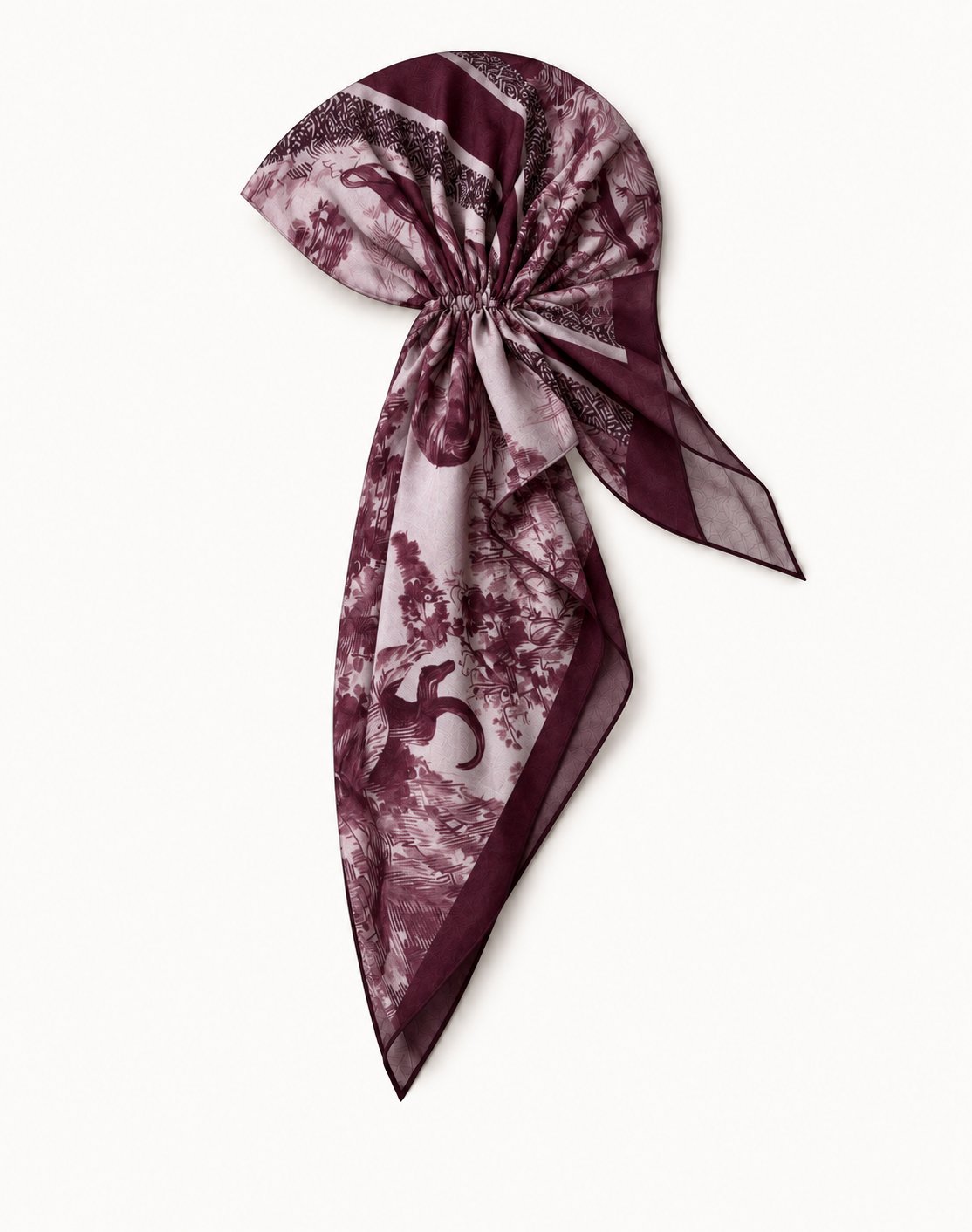 TUK Untamed & Untied Head Scarf styled in a draped bow, featuring burgundy wildlife and floral prints with a maroon border.