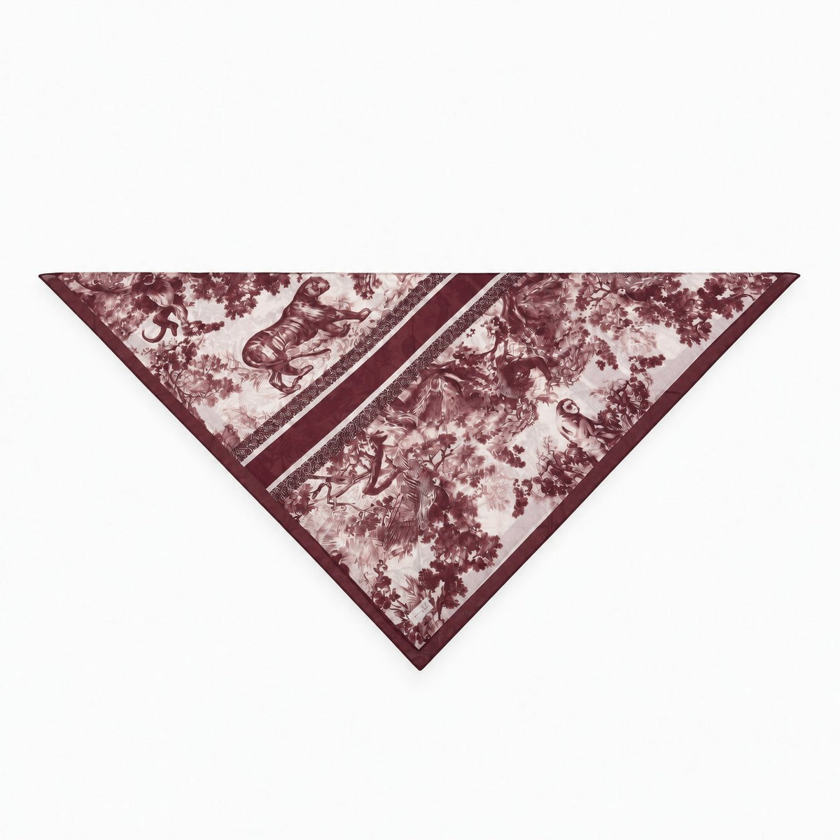 TUK's headscarf called Untamed & Untied Head Scarf
TUK Untamed & Untied Head Scarf featuring burgundy wildlife and floral prints, diagonal stripes, and a rich maroon border.