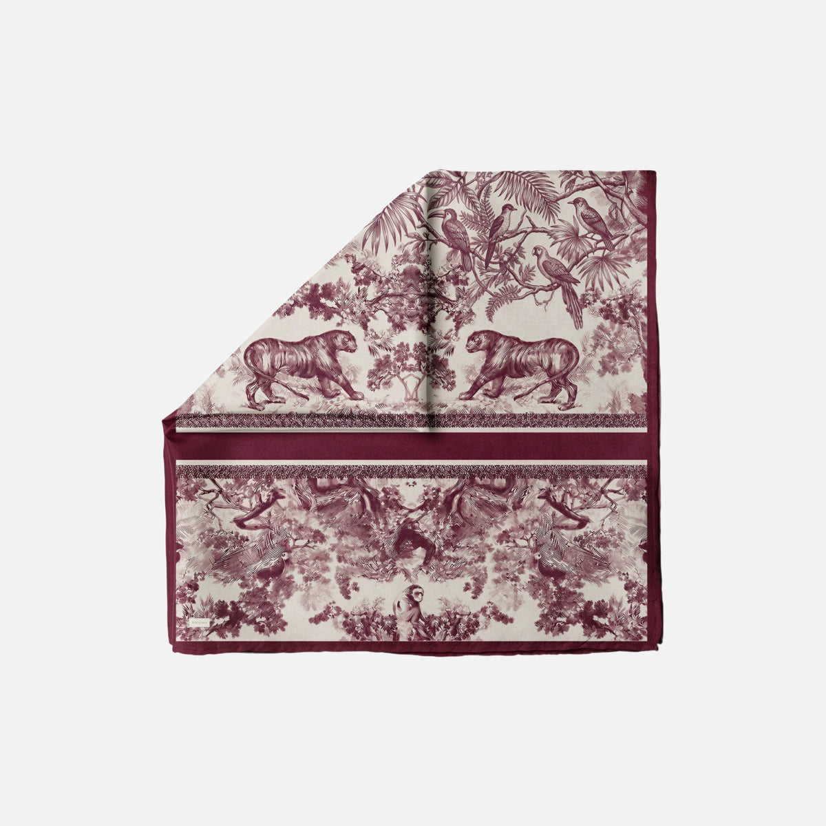 Untamed & Untied Head Scarf in cream and burgundy with a jungle print featuring tigers and birds